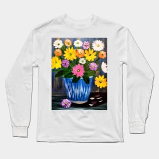 A beautiful bouquet flowers in a glass and gold vase . Using my favorite colors as vibrant background Using Acrylic and metallic paints. Long Sleeve T-Shirt